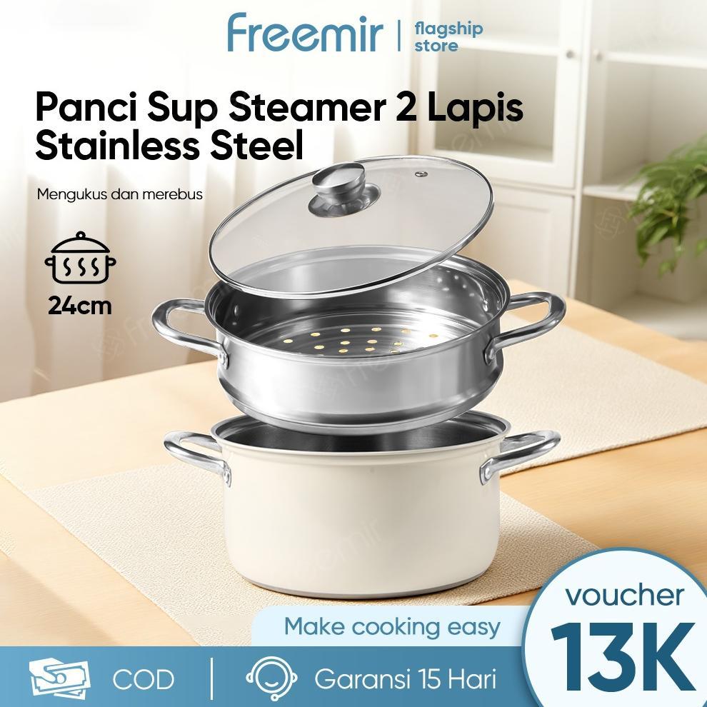 [voucher] freemir Panci Kukus 2 Susun 24cm Stainless Steel Panci Kukusan Dandang Steamer Cooking Pot