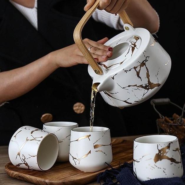 Cangkir Teko Set Keramik Dengan Nampan Marble Japanese Tea Set Hampers Teaset Alat Minum Teh Ala Jep