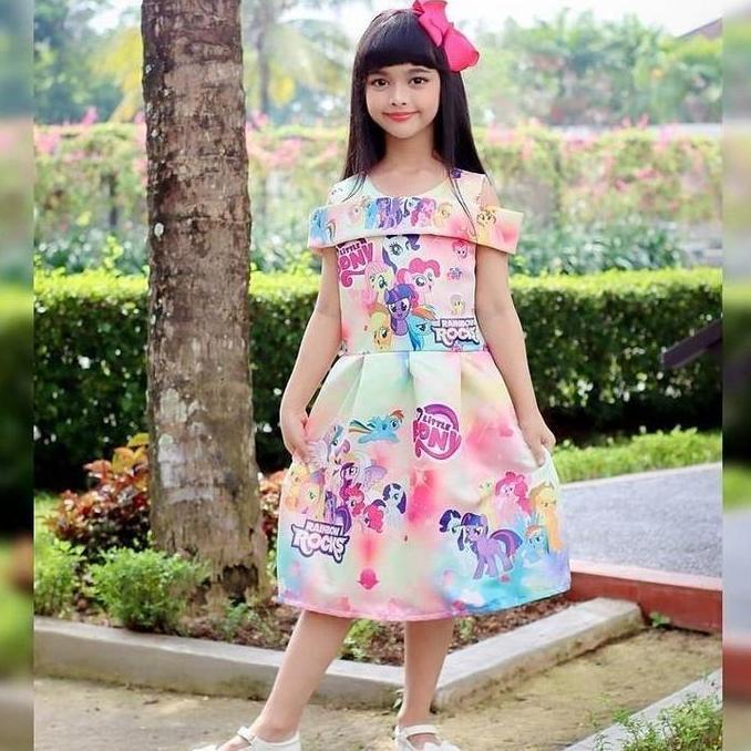 Promo Dress satin bridal / dress sabrina motif LITTLE PONI / bts bt21 baju pesta anak termurah kids 