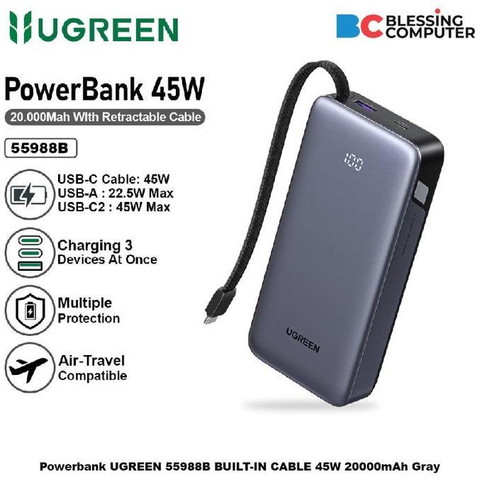 Powerbank UGREEN 55988B BUILT IN CABLE 45W 20000mAh Gray