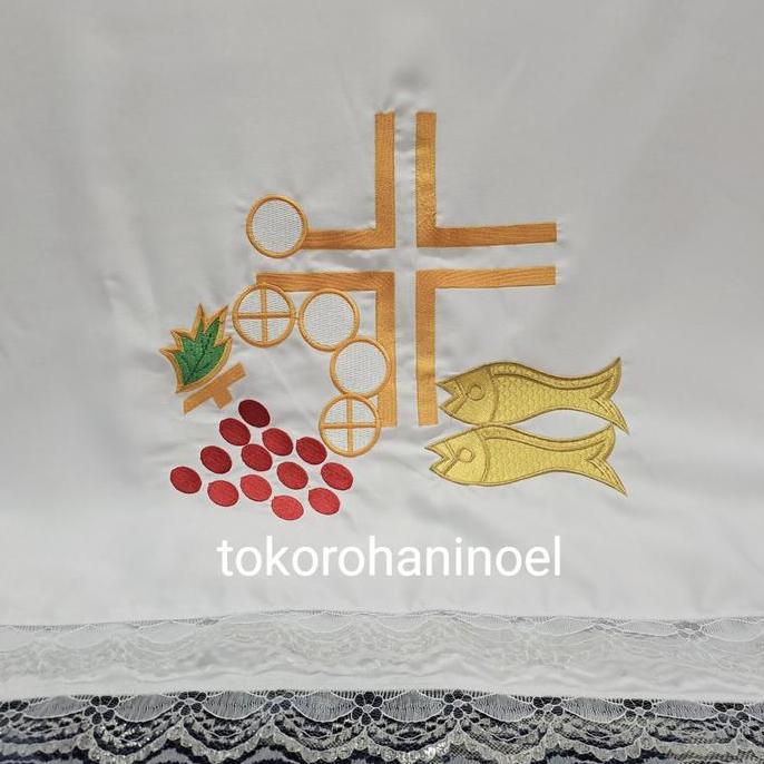 Taplak Meja Altar Putih Bordir 5 roti 2 ikan 200150cm