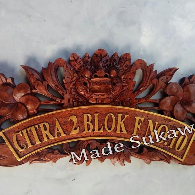 `````````] Papan nama dinding kayu ukiran barong bunga bali