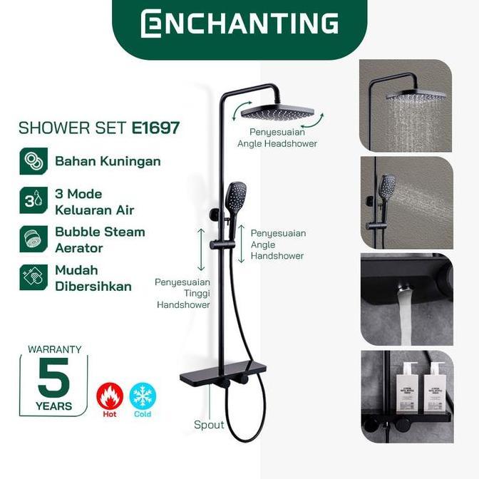 ENCHANTING Shower Set Brass Kuningan Keran Mandi 3 Mode Fungsi Black Design | Shower Tiang Kamar Man