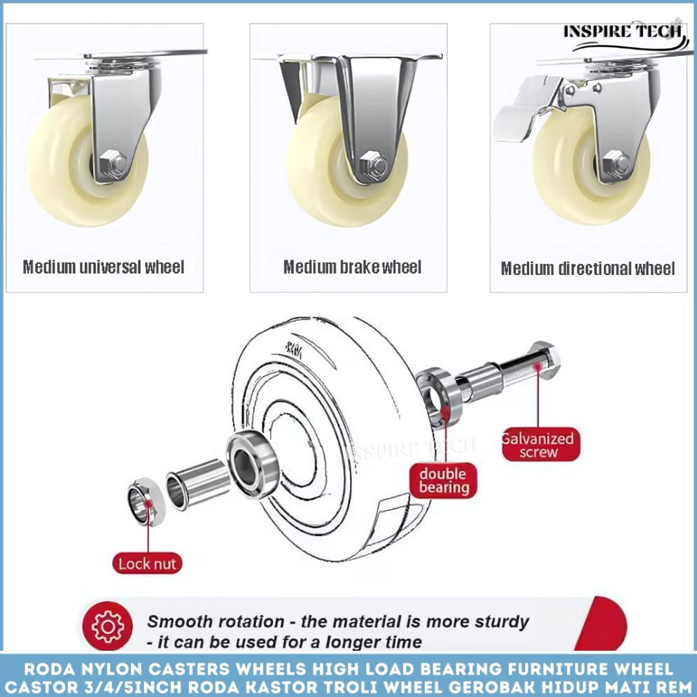 Roda NYLON Caster SET HIDUP - REM 4PCS Medium Duty +Bearing Roda Kastor Troli Wheel Gerobak Trolley 