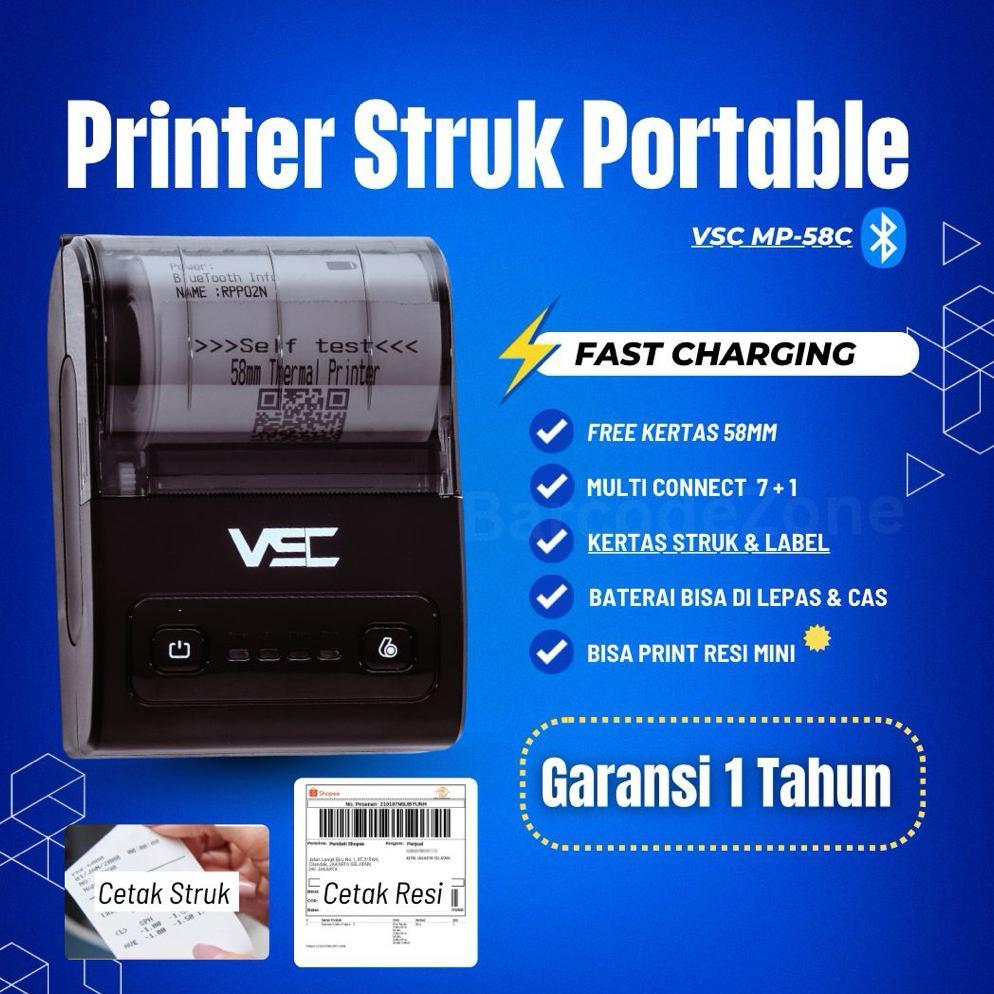 PRINTER BLUETOOTH THERMAL STRUK KASIR VSC MP-58C - HITAM - CETAK PDF ALAMAT SHOPEE GAMBAR