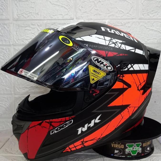 HELM NHK RX9 MOTIF RAVEN BLACK RED FLUO DOF PAKET GANTENG DOUBLE VISOR