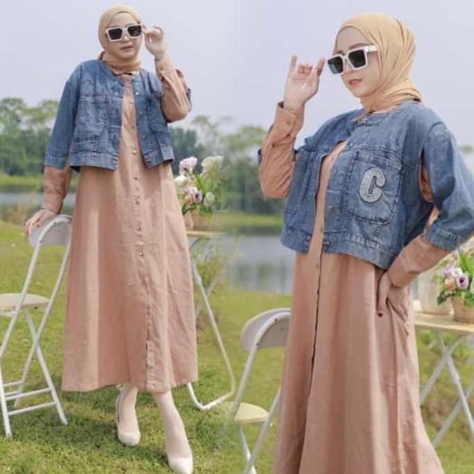 Promo One Set Zeyna Jaket + Dress Wanita Katun Mix Jeans | One Set Baju Muslim COD