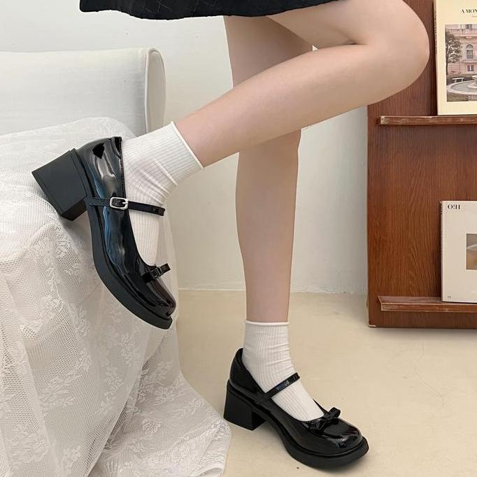 Sepatu Hak Tahu Tinggi 5cm High Block Heels Wanita Mary Jane Tali Import Pesta Hitam Korea Murah Pre