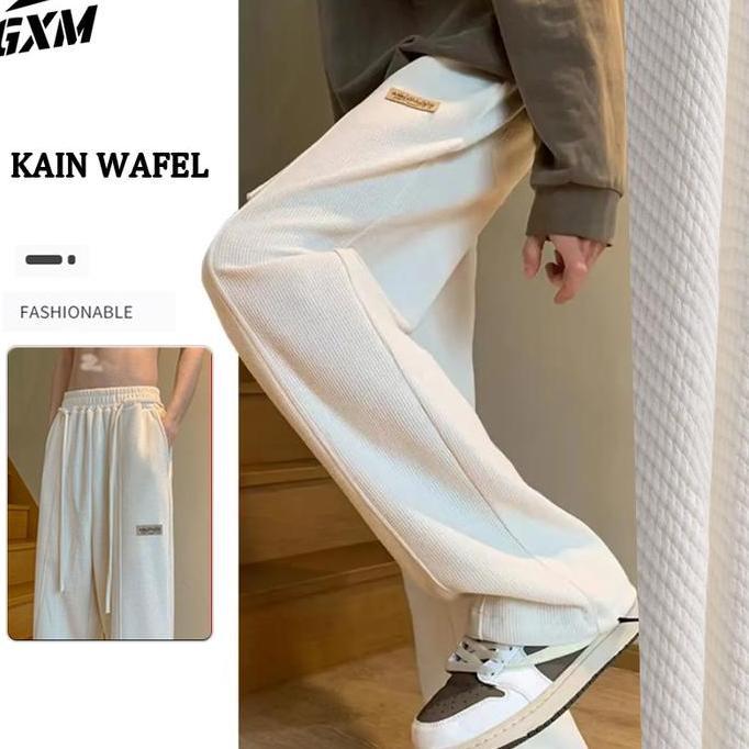 Promo celana panjang polos pria putih Kain wafel celana lurus highwaist tebal celana panjang pria ka