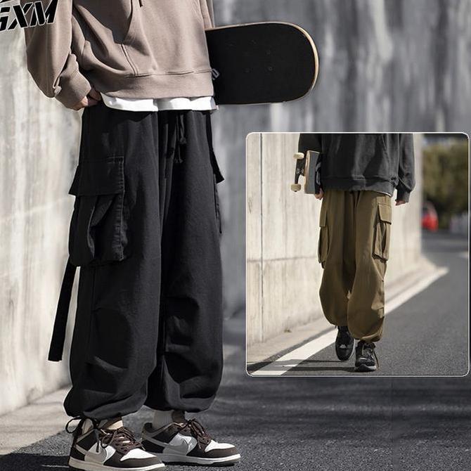 Promo celana cargo premium celana kulot korea celana cargo panjang pria hitam celana pinggang karet 