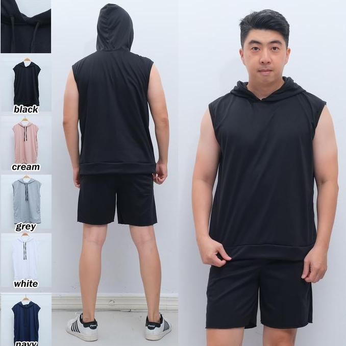 DV343 - OneSet Celana Pendek sama Hoodie Singlet Topi Polos Fuzie Pria Dewasa Trendy