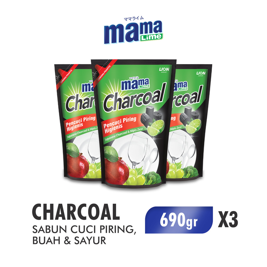 Mama Lime Sabun Cuci Piring Charcoal Pouch 680 ml/690 gr ml x3