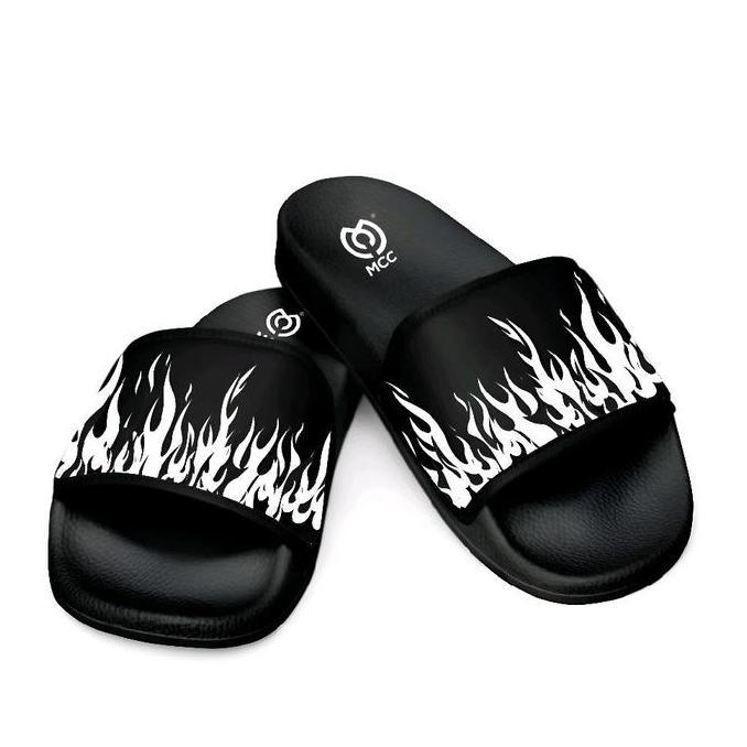 DR320 }} Sandal Selop Pria Slip On Distro Casual Wanita Dewasa Terbaru Kekinian Api Fire Warna Hitam