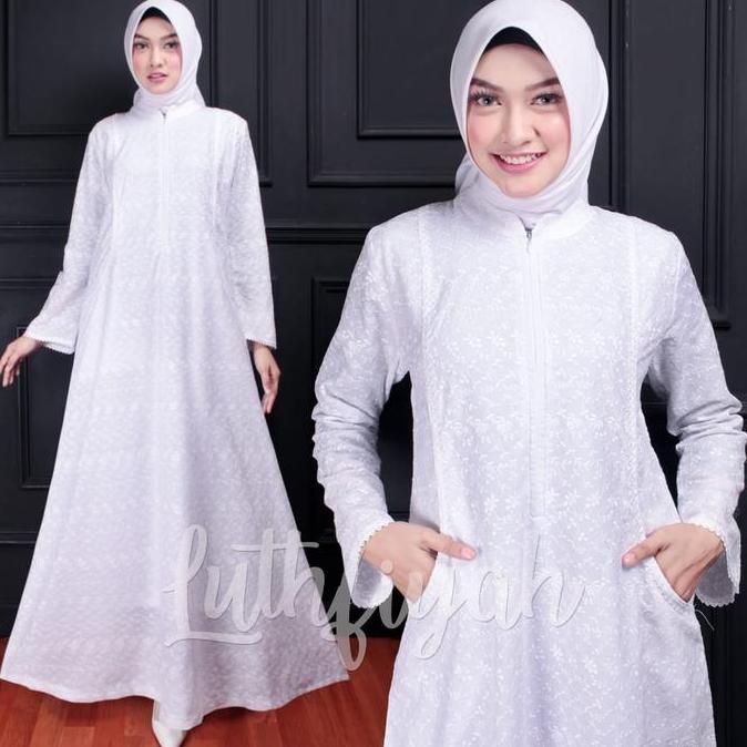 Terbaru Gamis Model Terlaris / Gamis Putih Umroh / Gamis Model Kantong Samping Katun Polos Bunga Put