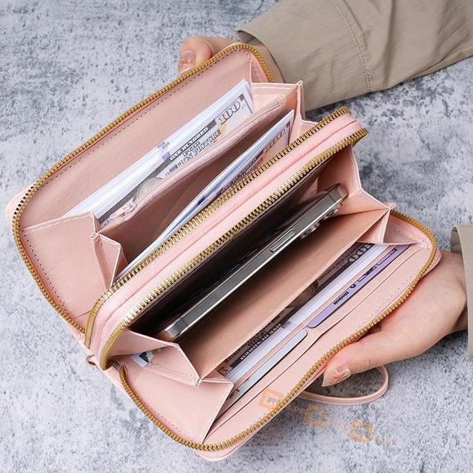 DF117 }} dompet wanita  panjang kulit polos multi pungsi fasion resleting dompet Kartu Uang Hitam Pi