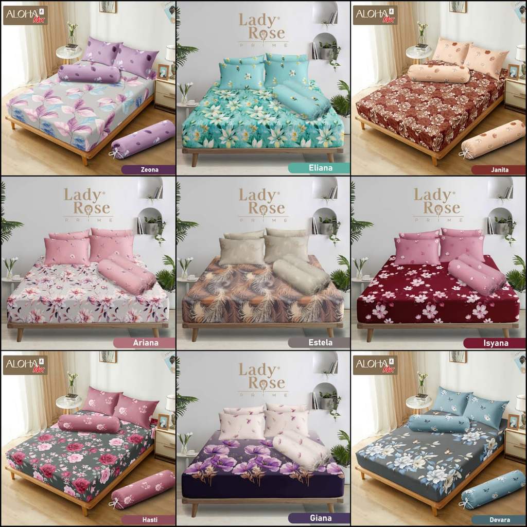 Lady Rose Prime / Aloha Max - Sprei Queen B2 160x200 Bantal 2 Guling 2 - Bunga / Tanaman
