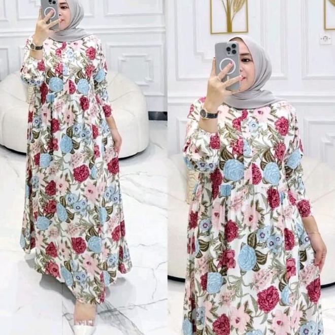 Kolinda Midi Dress Rayon Motif Wanita Lengan Panjang Muslim
