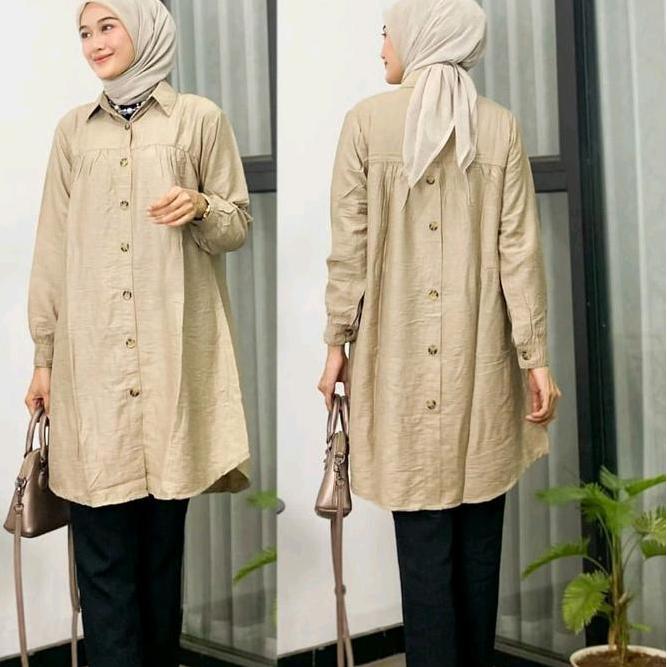 Zella Tunik Polos Polo Linen Kancing Depan Belakang|| Kemeja Wanita Polos Tunik Pololinen Muslim Wud