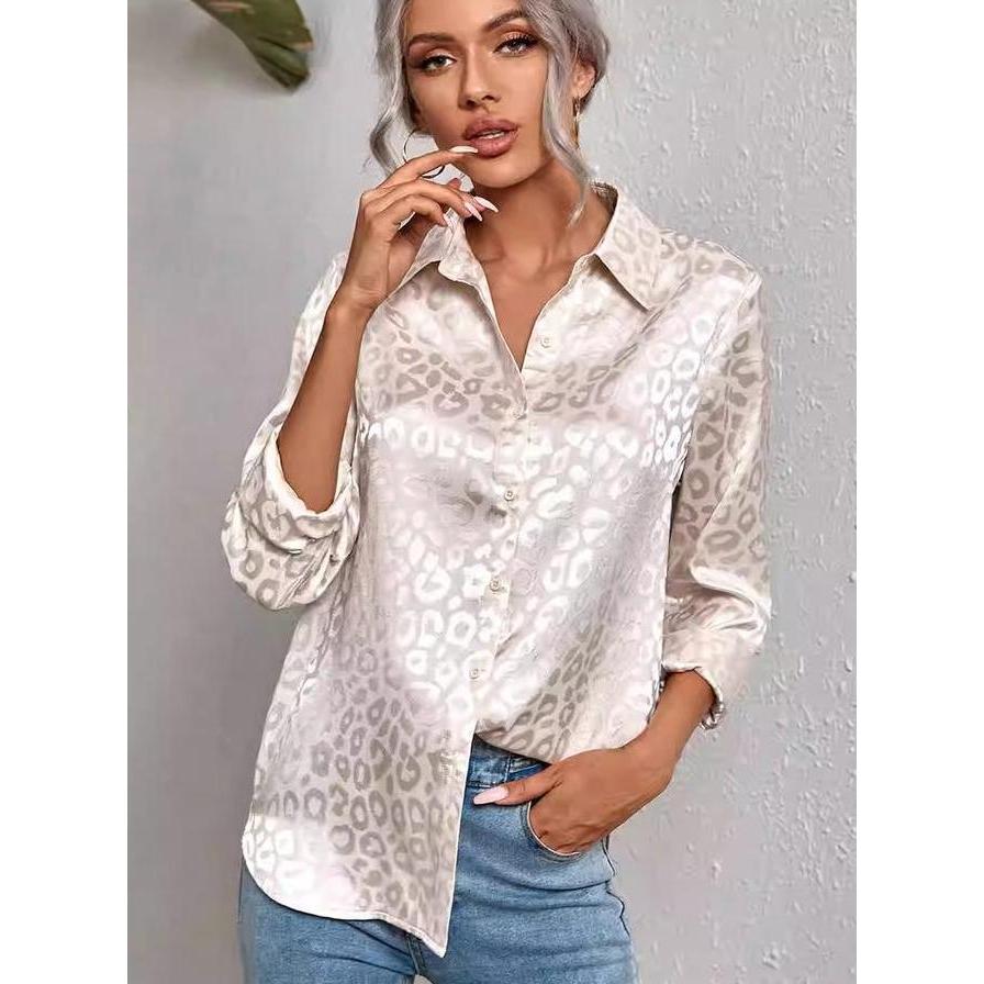 99029 Kemeja Wanita Satin Enam Warna, Motif Macan Tutul Tiga Dimensi, Atasan Panjang Muslim Longgar,