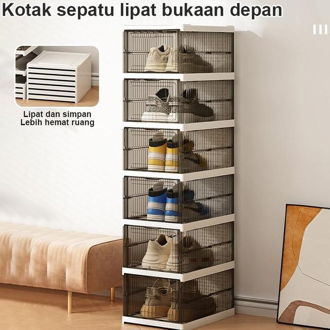 [COD] Kotak sepatu lipat 6 lapis rak sepatu transparan anti oksidasi kotak sepatu coklat hitam abu-a
