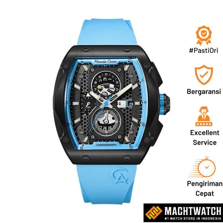 Jam Tangan Pria Alexandre ChristieChronograph AC 6608 MC RIPBALB Men Black Dial Blue Rubber Strap