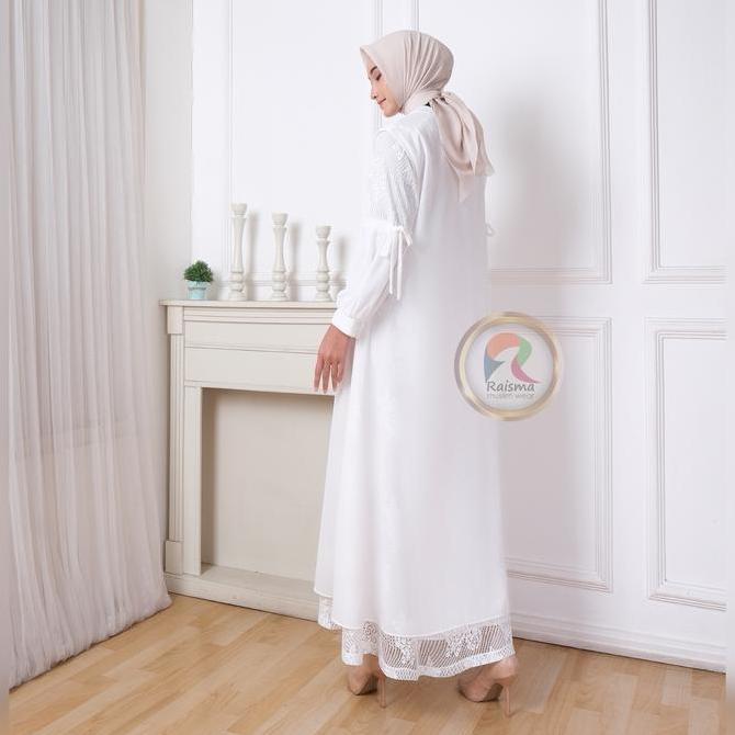 Raisma - Laila Gamis Syar'I Wanita Putih Tulang Lebaran Cantik Dan Elegan Whit Outwear Brokat Ceruti
