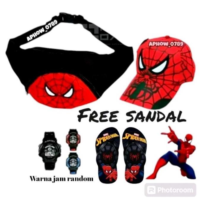 paket 4in1 topi anak laki laki tas selempang jam tangan anak gratis sendal Fashion