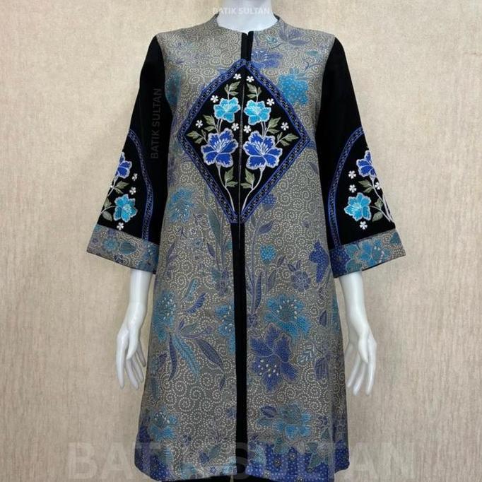 Atasan Tunik Batik Wanita Kain Doby Bordiran Reguler Fit Lapisan Tricot Waffle Mewah Elegan Formal K