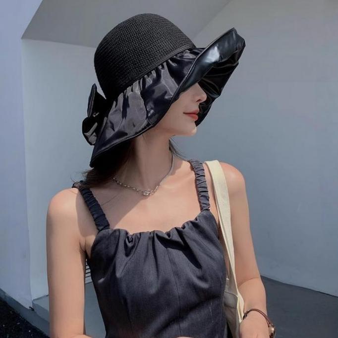 DE95 - Topi pantai desain lapisan hitam anti sinar matahari Topi visor wanita motif pita lucu casual