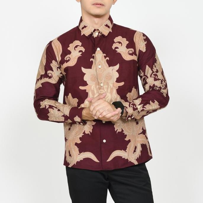 KEMEJA BATIK PRIA SLIM FIT BAJU BATIK PRIA SLIM FIT LENGAN PANJANG MERAH GOLD ACS 348 murah