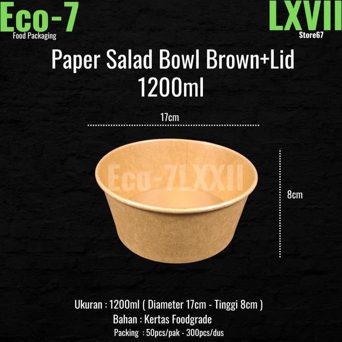 Paper Bowl Salad Brown Kraft 1200ml + Lid - Rice Bowl, Salad Bowl
