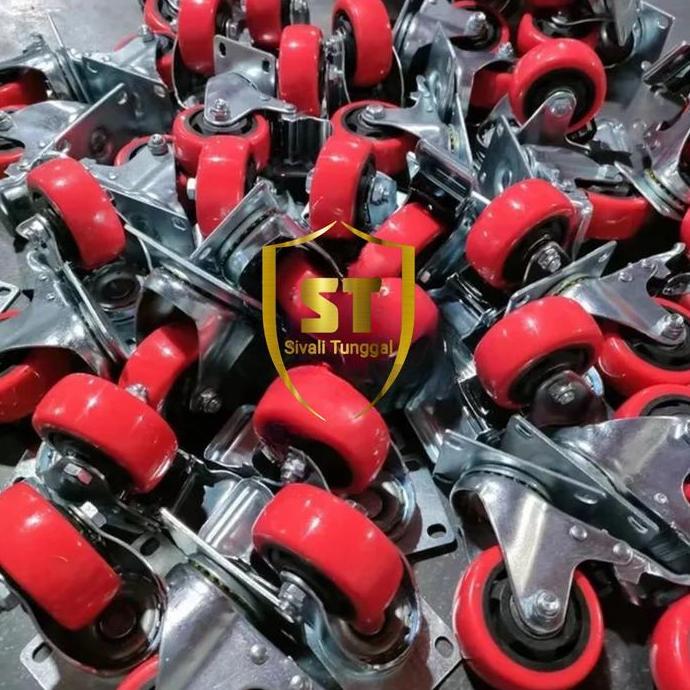 RODA TROLI 5" INCH PU MERAH TAIWAN+DOUBLE BEARING HEAVY DUTY - RODA CASTER TAIWAN