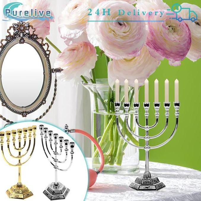 17cm Menorah Hanukkah Kaki Dian 7-Branch Dekorasi Pajangan Menorah Souvenir Rohani Profetik