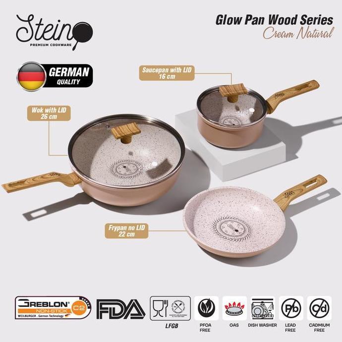 Mikayla.Sahara - Stein Glowpan Set 5In1 Panci Wajan Marbel Handle Kayu Premium Non Stick Cookware Se