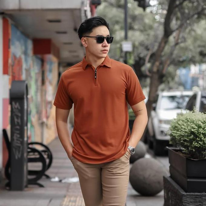 Broguy Kaos Polo Shirt Pria Kerah Lengan Pendek Zipper Hitam