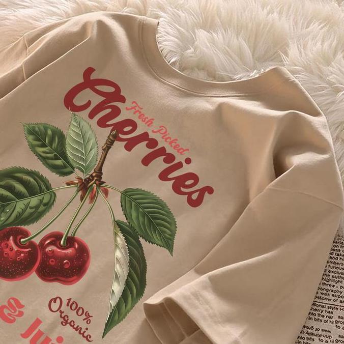 DI99 - seoulprint S819 Khaki Hitam Biru Kaos Cherry Print Oversize Pria Model Regular Unisex Lengan 