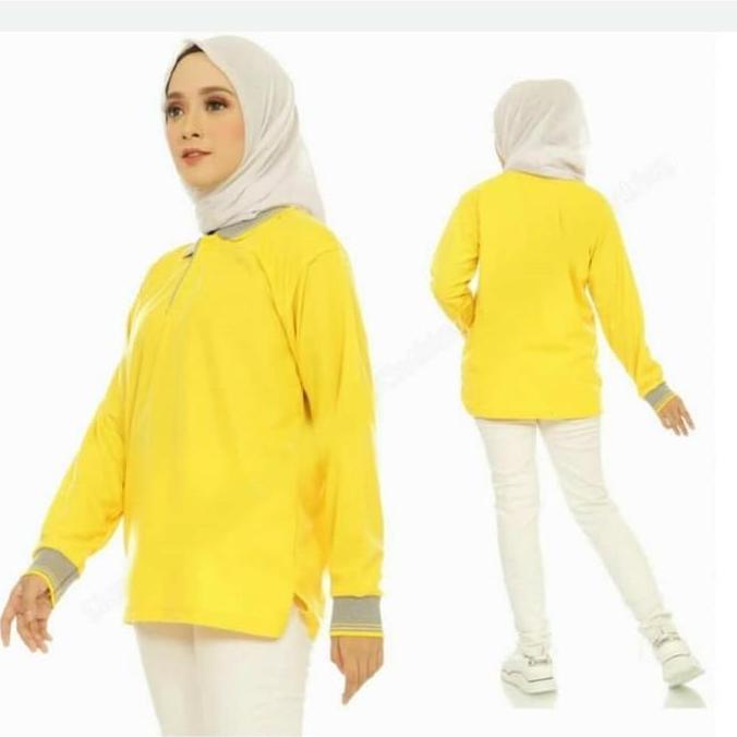 DV177 >> Kaos Kerah perempuan Kuning Lengan panjang / polo panjang wanita / polo hijab Premium /KAOS