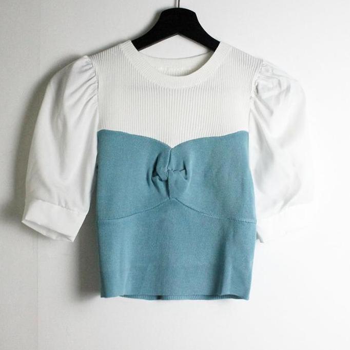 DV277 >> [HAF] Blouse Rajut Wanita Lengan Pendek | Blouse Rajut Lengan Balon Pendek | Blouse Crop To