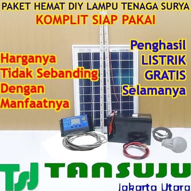 Paket Hemat Komplit Siap Pakai Lampu Solar Cell 10WP Controller 10A Aki 12V 5Ah Bonus Lampu LED