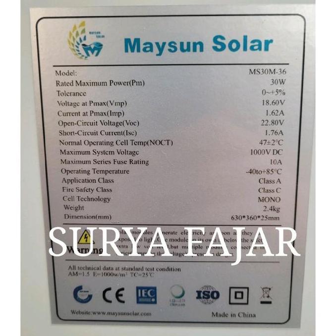 Solar Panel Solar Cell Panel Surya Maysun 30wp Mono 30 Wp Monocrystalline