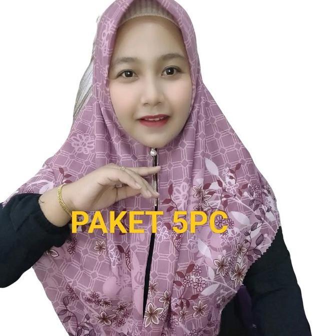 PAKET HEMAT HIJAB ZIPER MOTIF 5PC Instan Mewah Zipper Muslim Mutiara hijab motif Voal Azahra Lembut 
