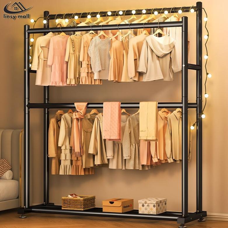 Rak Gantungan Baju Baja Karbon  2 Susun 2 tiang 1.5M Gantungan Baju Besi Kuat Stand Hanger portable