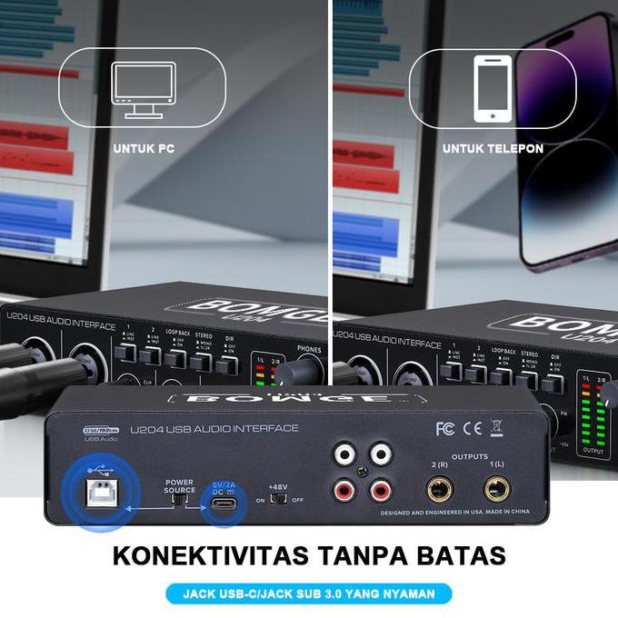 BOMGE U204 Audio Interface SoundCard USB dengan Mikrofon Preamplifier Port XLR/TSR/TS, Resolusi 48V,