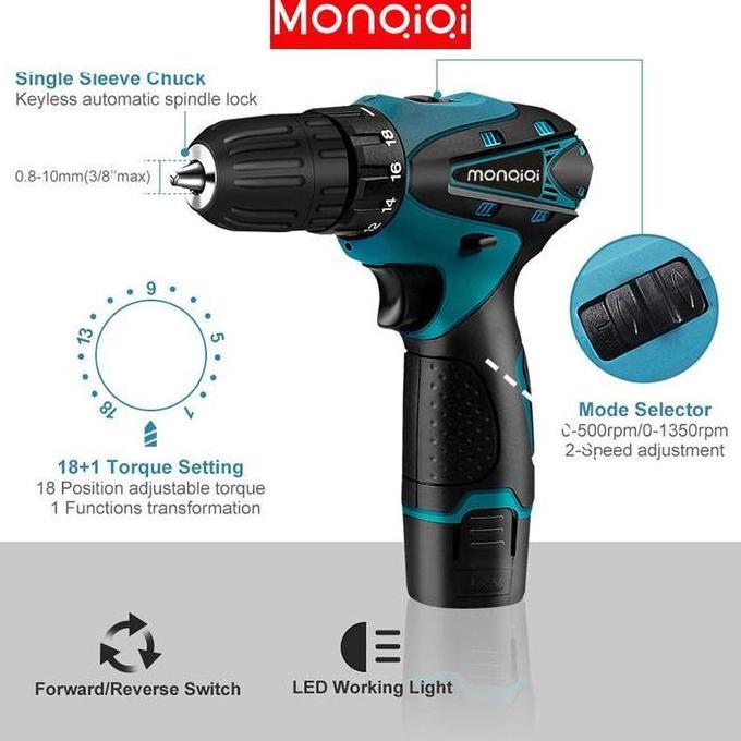 MONQIQI  Cordless Bor Listrik  2 Speed Cordless Drill Set bor listrik Tools 12V Bor tangan multifung