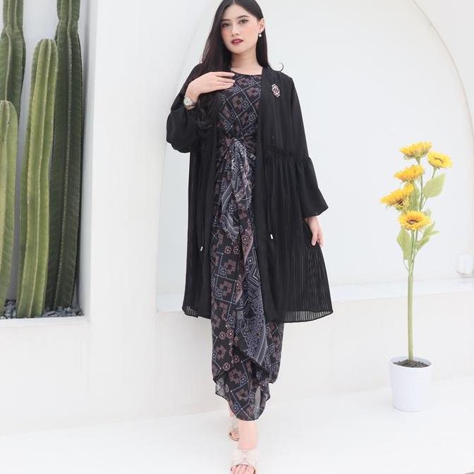 SET ZALVA KAFTAN IKAT CERUTI MOTIF PLISKET GIES 168 KAFTAN DRESS KEKINIAN Dress Fit Muslim Kondangan