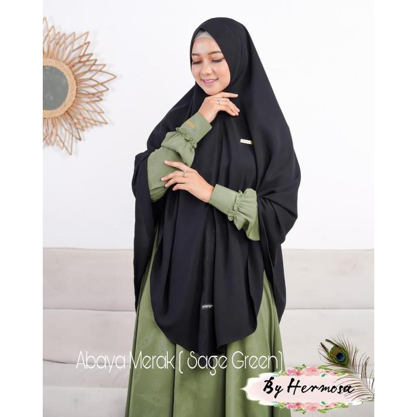 [Abaya Hermosa] Abaya Hermosa motif merak warna sage green-Abaya sage green-abaya hijau sage kekinia