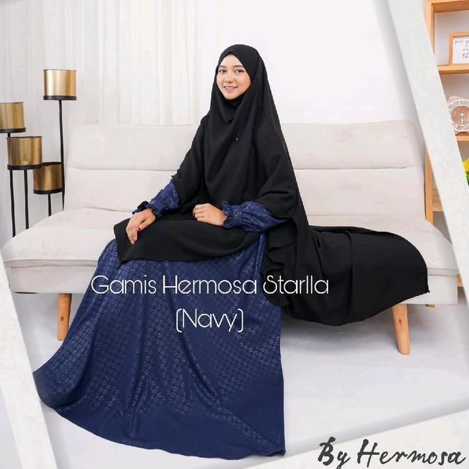 [Gamis hermosa]Gamis hermosa embos motif starla warna navy biru dongker-gamis syari navy busui premi