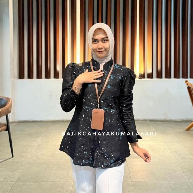 Blouse Batik Wanita Lengan Puff Motif CIPRATAN ABSTRAK - Batik Cipratan Wanita Bahan Katun Prima