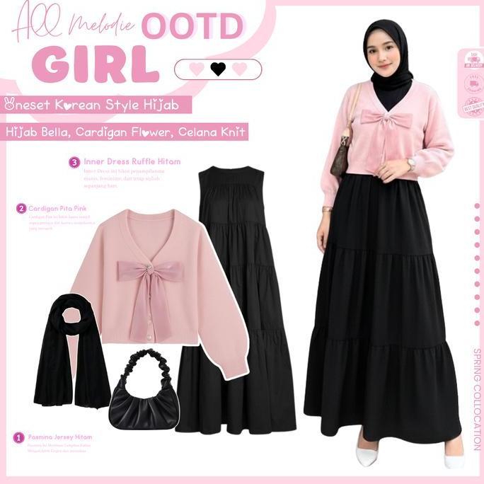 1 Set Outfit Cewek Berhijab Muslim | Pasmina Jersey Hitam, Cardigan Rajut Pita Pink Lengan Balon, In