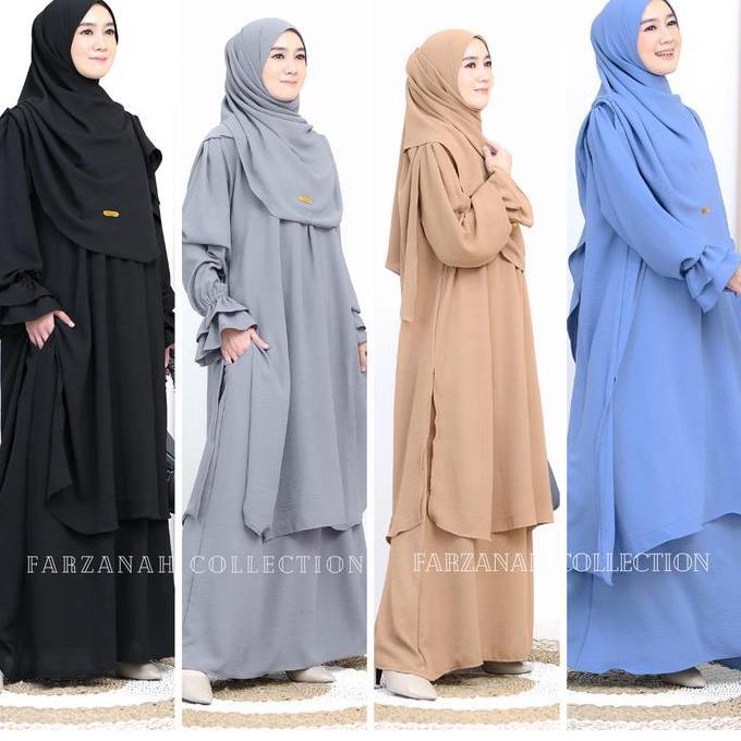 One Set Khadijah Set Rok Tunik Melayu Pasmina Crinkle Airflow Setelan Abaya Umroh Hajian